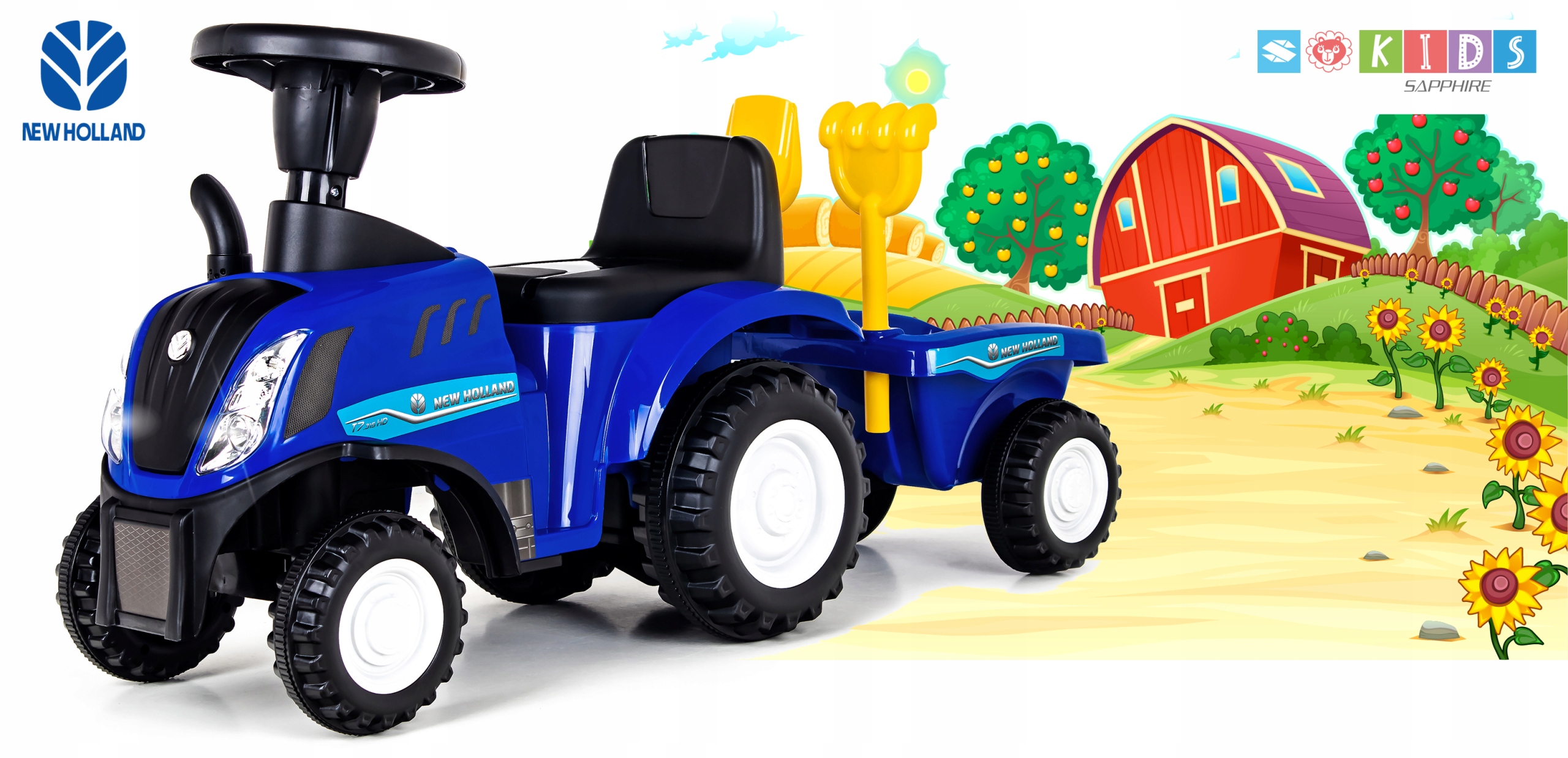 Jeździk pchacz traktor z przyczepą New Holland T7 - niebieski