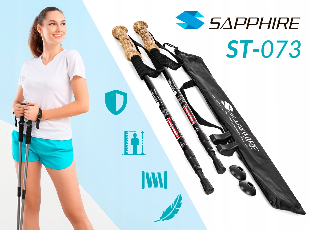 Kije do nordic walking trekking Sapphire ST-073 + 2 pary końcówek i pokrowiec - czarne