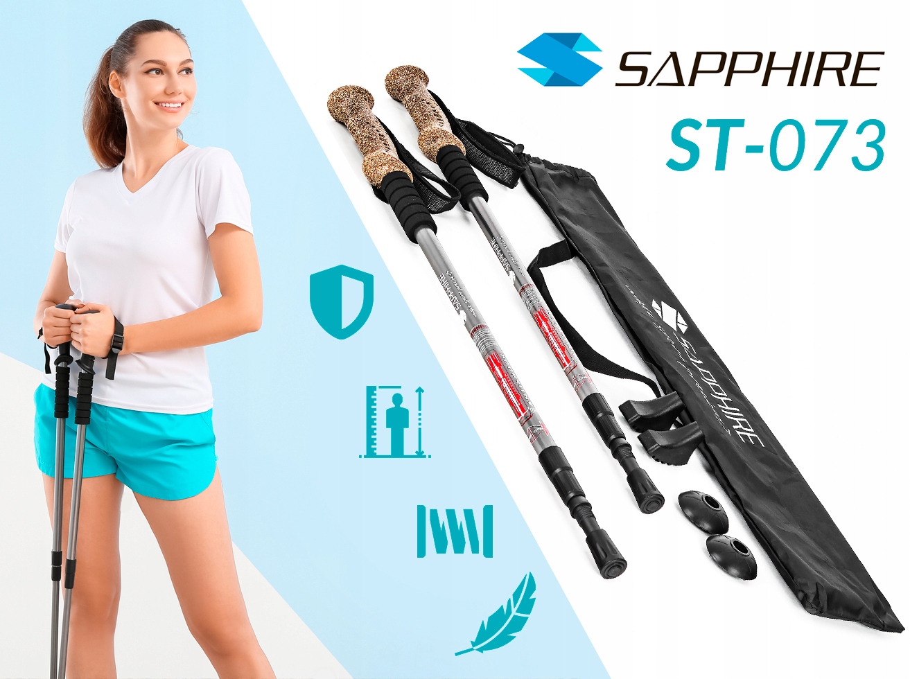 Kije do nordic walking trekking Sapphire ST-073 + 2 pary końcówek i pokrowiec - szare