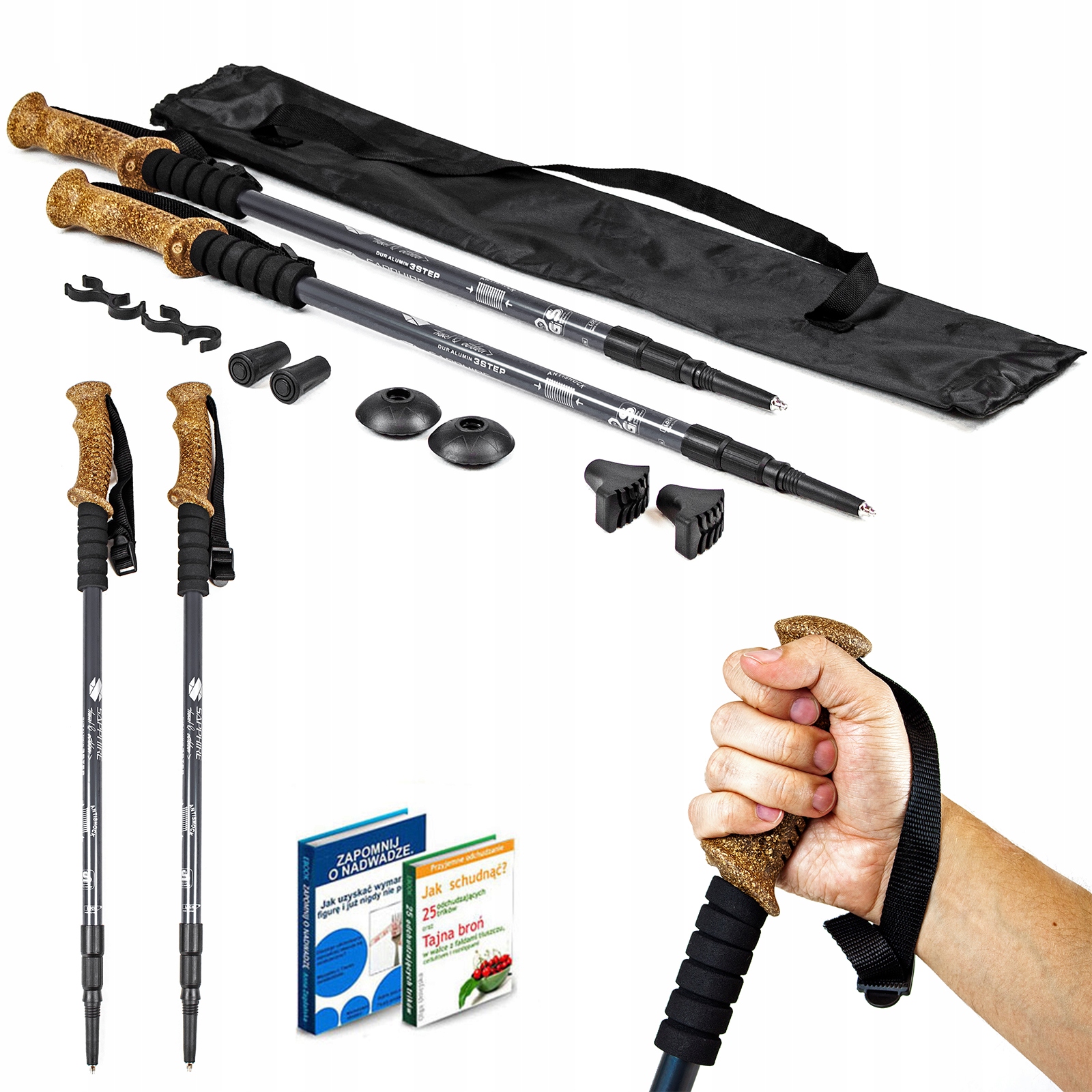 Kije do nordic walking/trekking Sapphire ST-070 + 2 pary końcówek