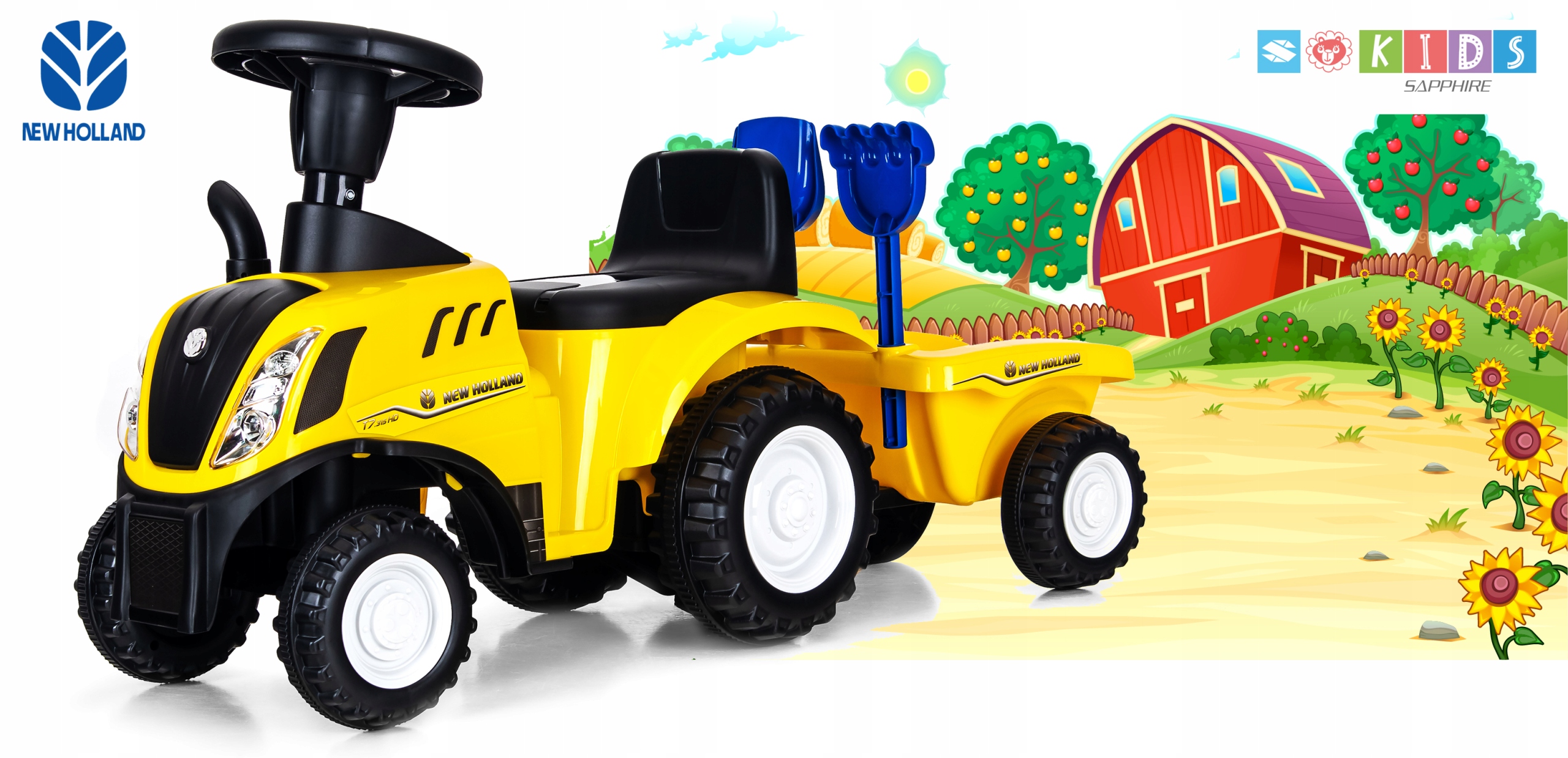 Jeździk pchacz traktor z przyczepą New Holland T7 - żółty