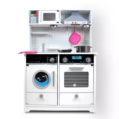 Drewniana kuchnia SK-15 z akcesoriami, światełka LED + strój kucharski GRATIS - biała Drewniana kuchnia SK-15 z akcesoriami, światełka LED + strój kucharski GRATIS - biała